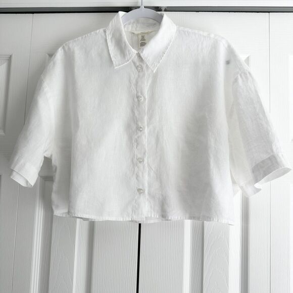 H&M Linen Blouse Women's Size XS White Loose-Fit Button Front - Picture 1 of 5